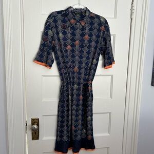 Etcetera shirt dress/midi, navy with scallop print and orange trim, size 2, EUC